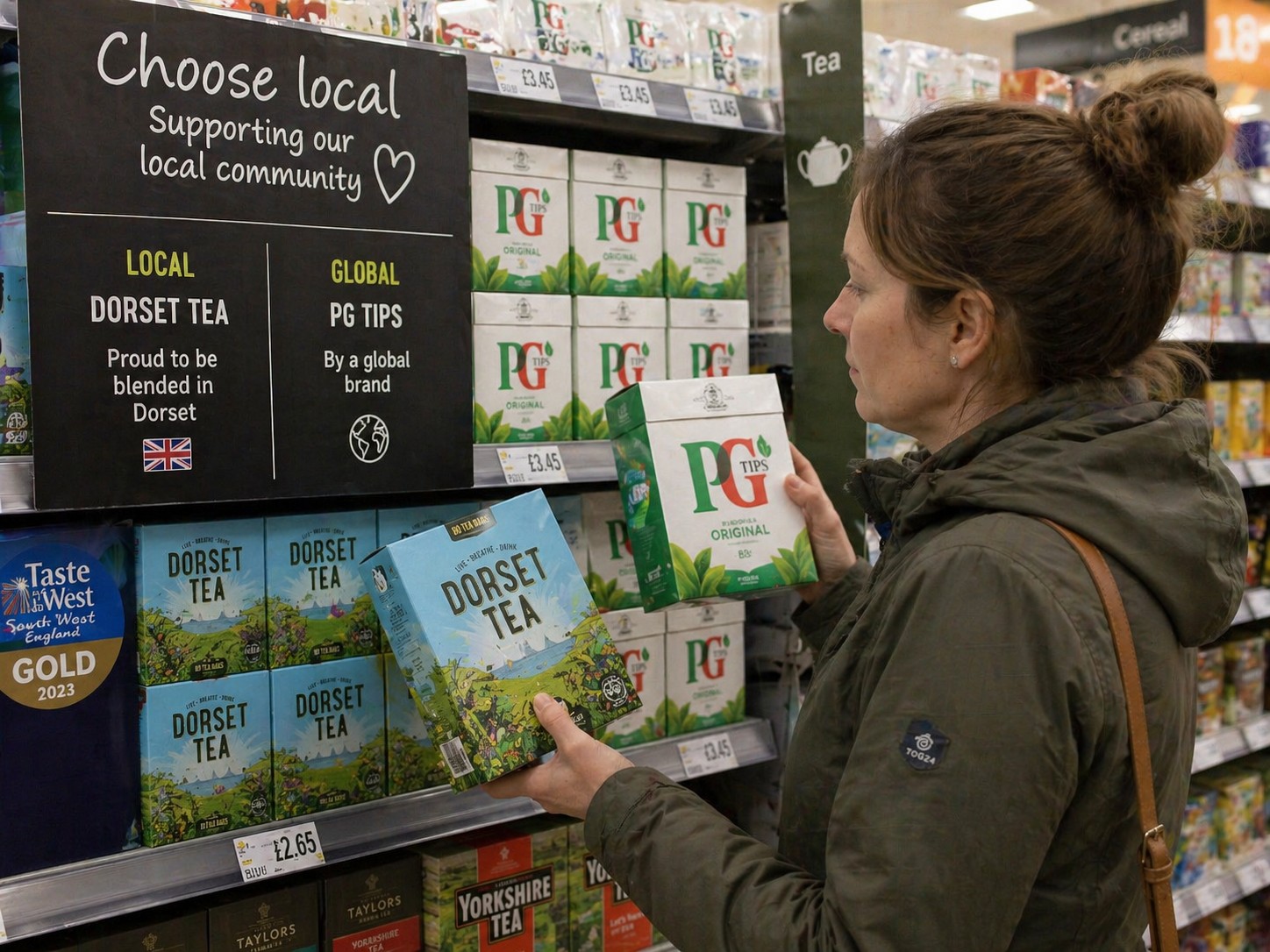 A small challenger brand product standing out on a supermarket shelf next to larger global brand products