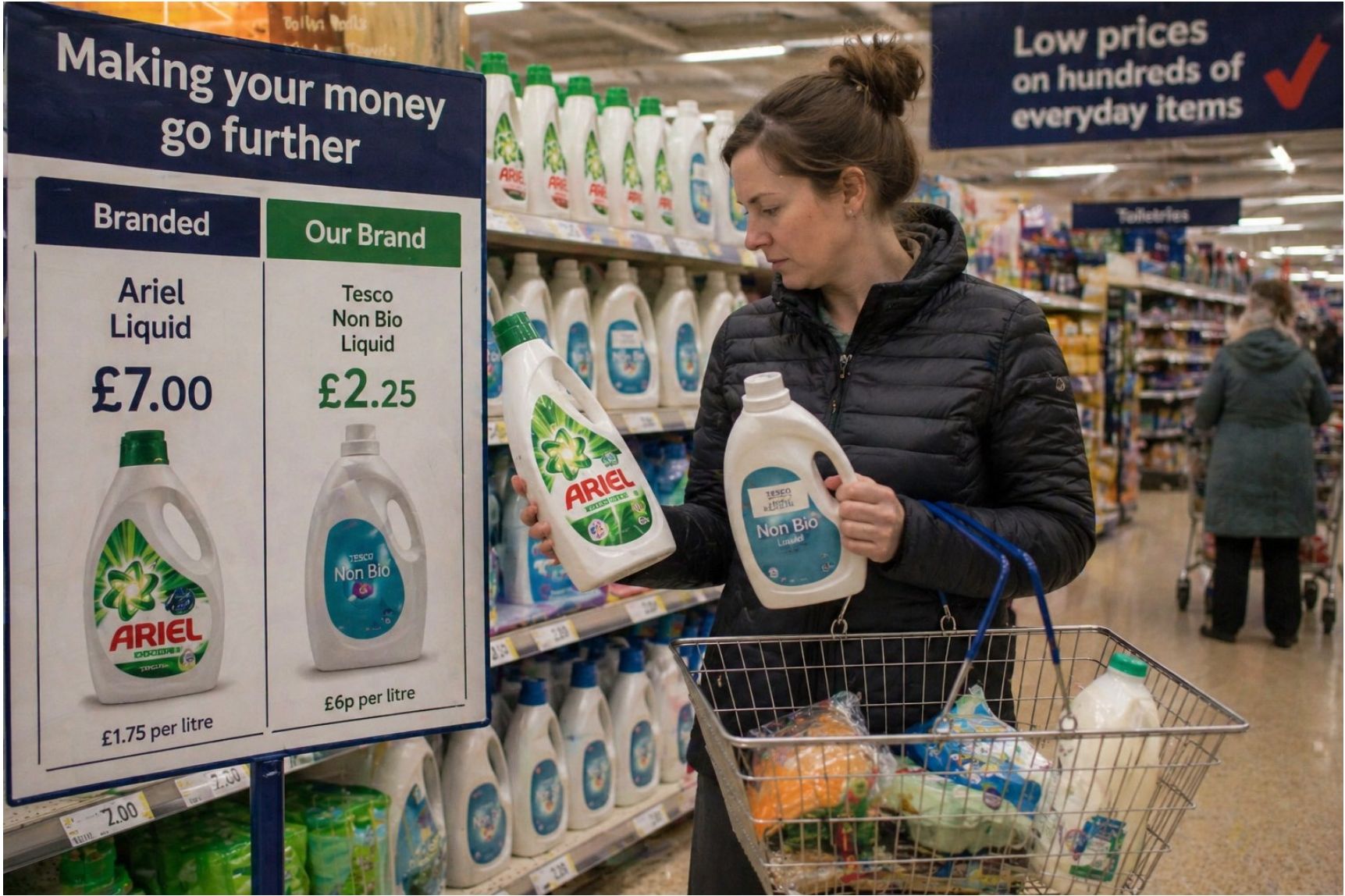 A woman in a supermarket aisle comparing prices between a premium and a value laundry detergent