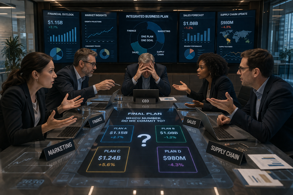 Consumer goods leadership team debating competing plan numbers around a boardroom table