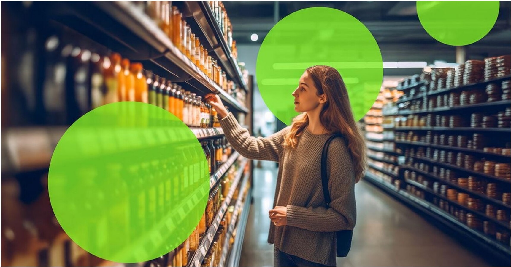 A woman shopping in a grocery store aisle with green circles overlaid