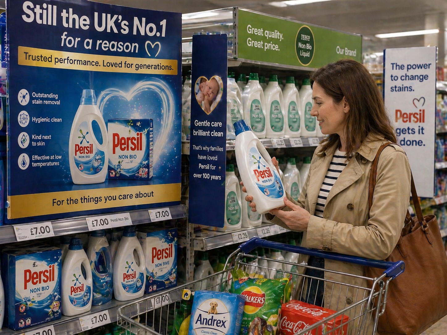 A supermarket aisle with rising price tags but emptying baskets, illustrating the volume reckoning in consumer goods