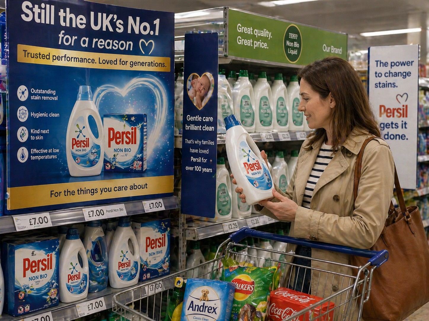 A supermarket aisle with rising price tags but emptying baskets, illustrating the volume reckoning in consumer goods